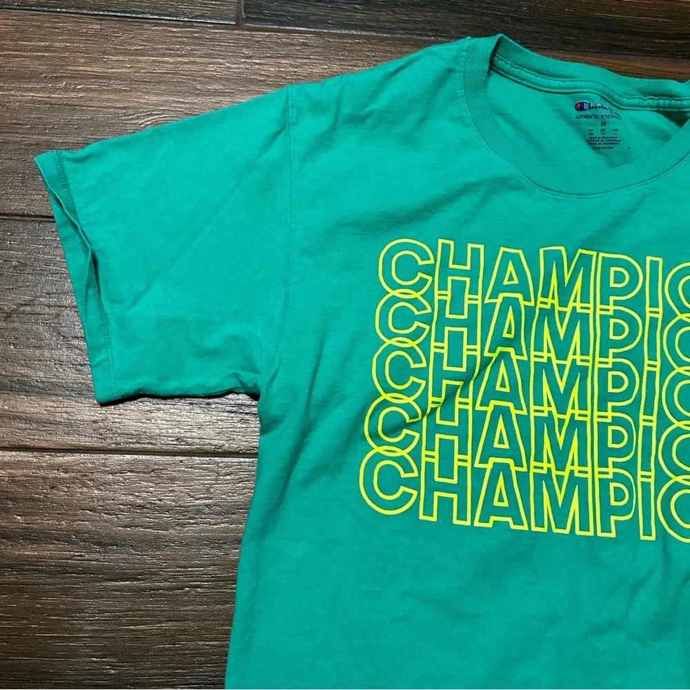 Champion Men’s‎ Short Sleeve Medium Shirt Green with Neon Green Letters - Picture 3 of 10